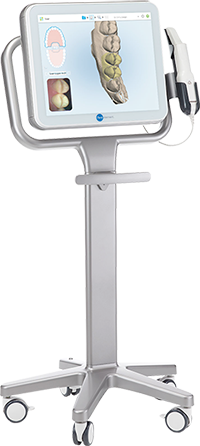iTero Element intraoral scanner on a wheeled cart, its screen showing a 3D scan of a patient's teeth