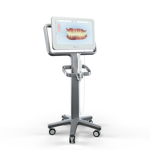 iTero Element intraoral scanner on a mobile cart, displaying a 3D scan of a patient's teeth