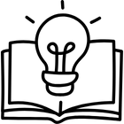Line icon of an open book with a light bulb above it, symbolizing ideas or learning.