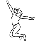 Black line drawing of a person jumping with one arm raised and the other extended to the side.