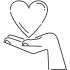 Line drawing of a hand holding a heart above the palm.