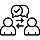 Icon of two people exchanging messages with a checkmark symbol in a speech bubble above.