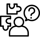 Icon of a person with speech bubbles containing a puzzle piece and a question mark.