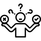 Person with raised hands surrounded by question marks symbolizing confusion or uncertainty.