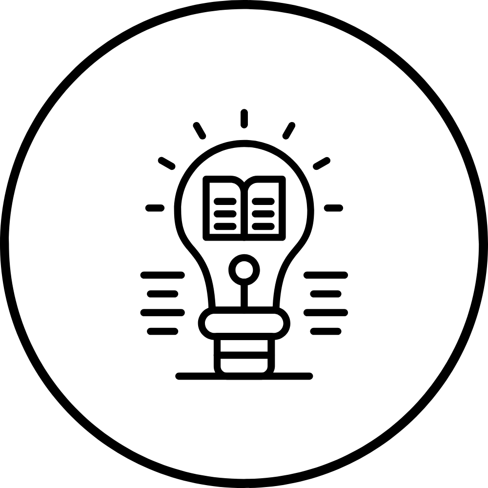 Light bulb icon with an open book inside, symbolizing knowledge and ideas.