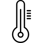Black and white icon of a thermometer indicating a high temperature with three horizontal heat lines on the right.