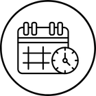 Icon of a calendar with a clock inside a circle outline.