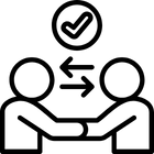 Two people sitting opposite each other with arrows indicating communication and a checkmark above.