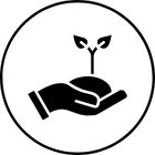 Hand holding a small plant sprout inside a circular border, symbolizing growth or nurturing.