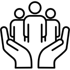 Two hands holding three people icons symbolizing community support.