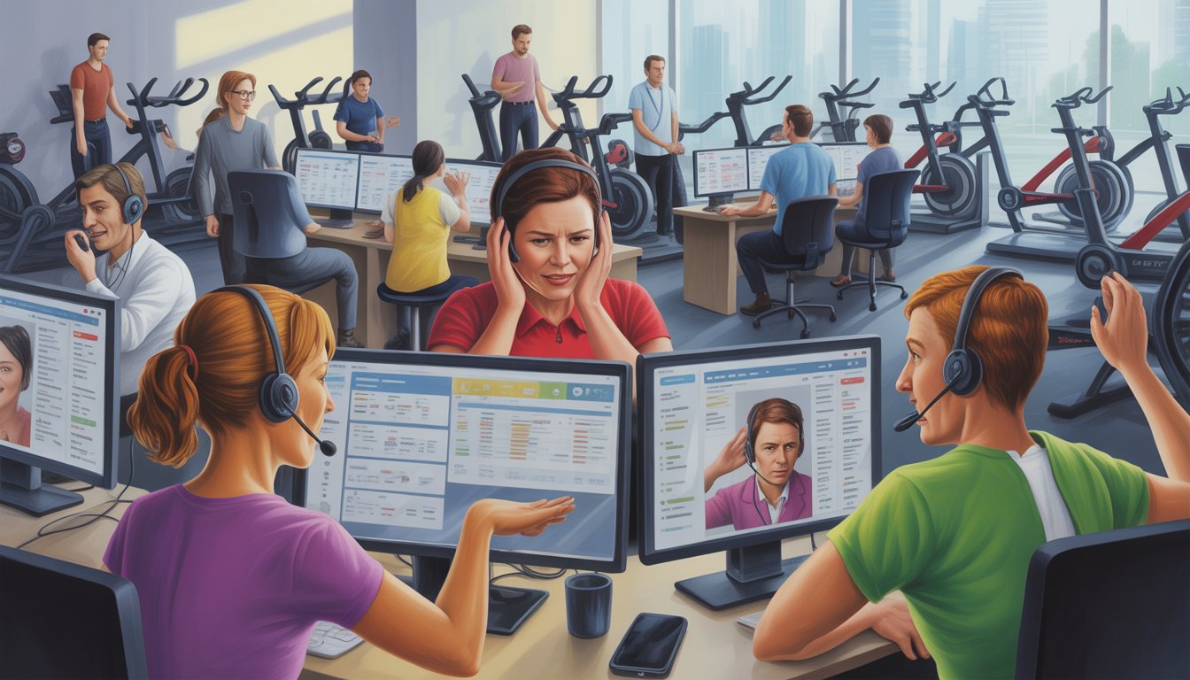 A busy customer service center with agents wearing headsets, interacting with customers through screens, showing some agents stressed while futuristic Peloton exercise bikes are visible in the background.