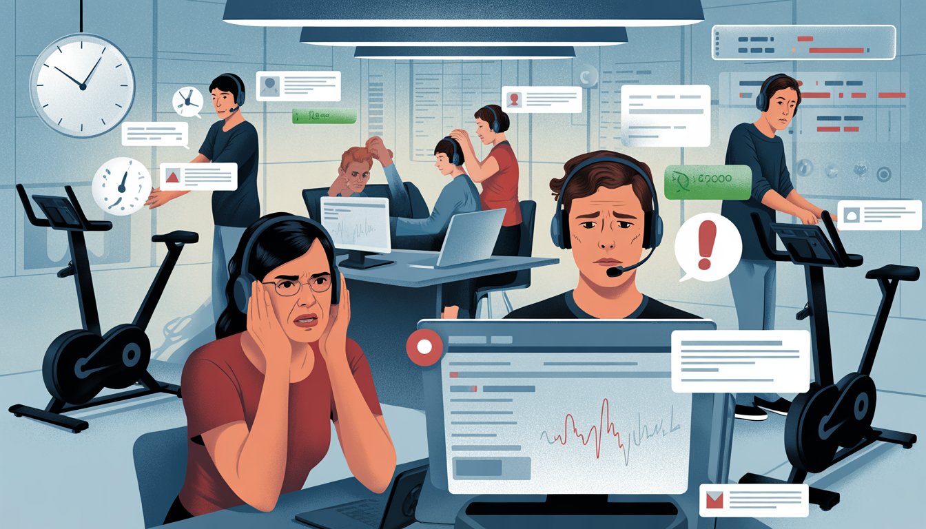 A customer support agent and a frustrated customer in a busy call center with multiple screens showing messages and notifications, surrounded by Peloton exercise bikes and digital service metrics.