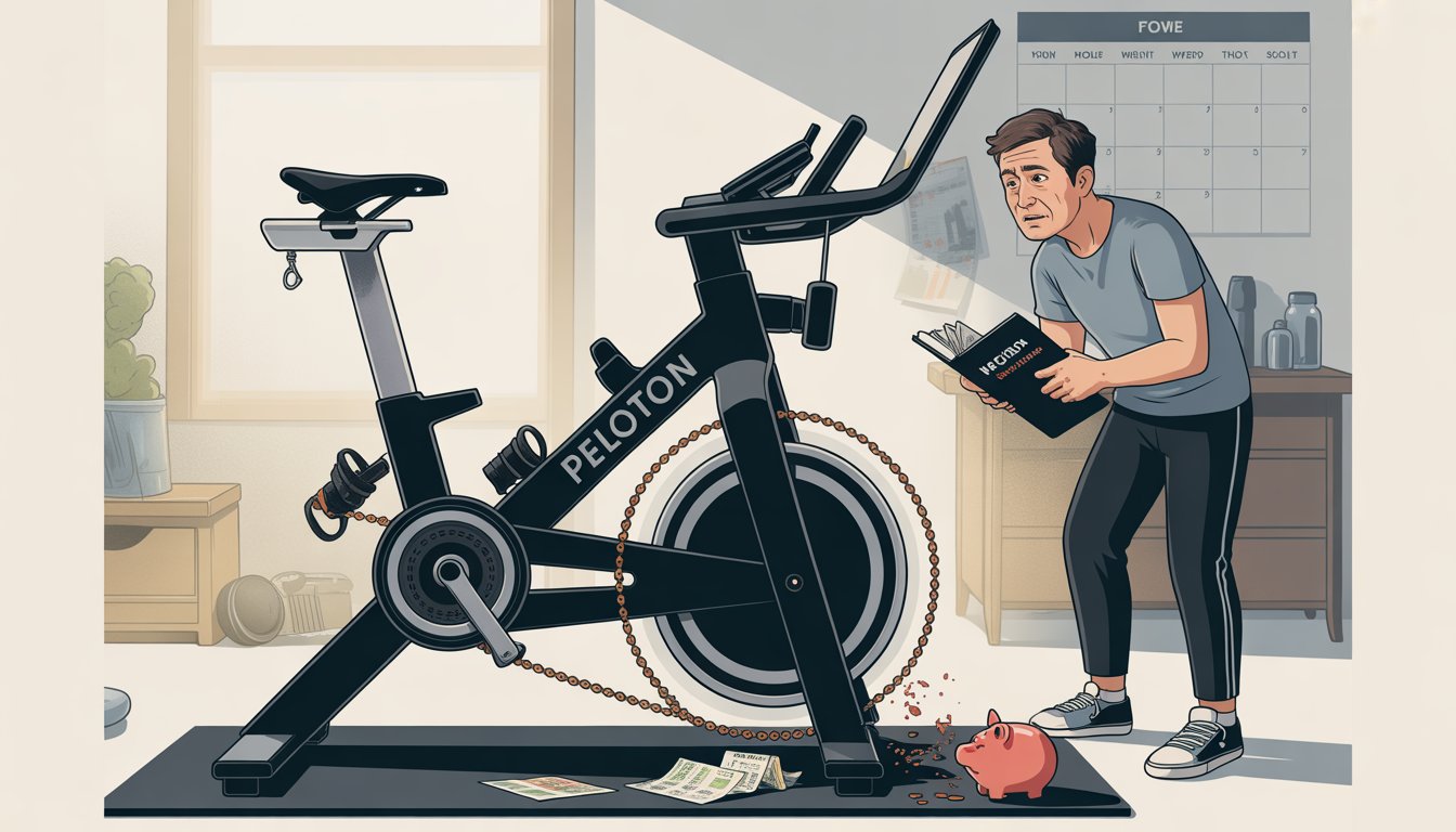 A person looks concerned while inspecting a worn-out Peloton bike with visible damage and dust in a home gym.