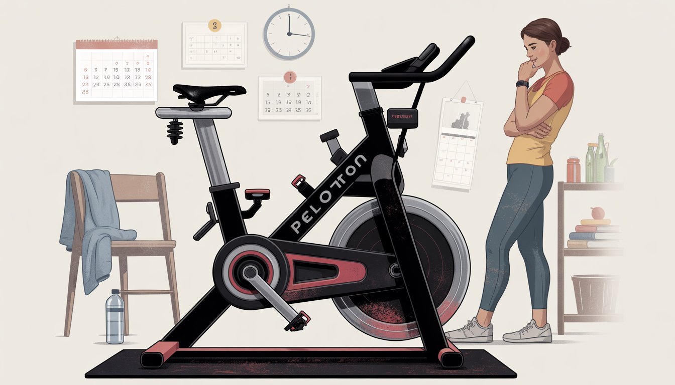 A worn Peloton exercise bike in a home gym with a person looking at it thoughtfully, showing signs of long-term use and neglect.