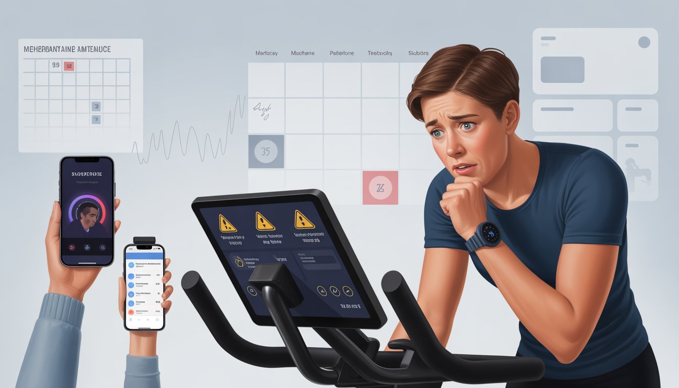 A person in a home gym looking concernedly at a stationary bike's screen showing maintenance warnings, with a smartphone and smartwatch nearby and a calendar in the background.