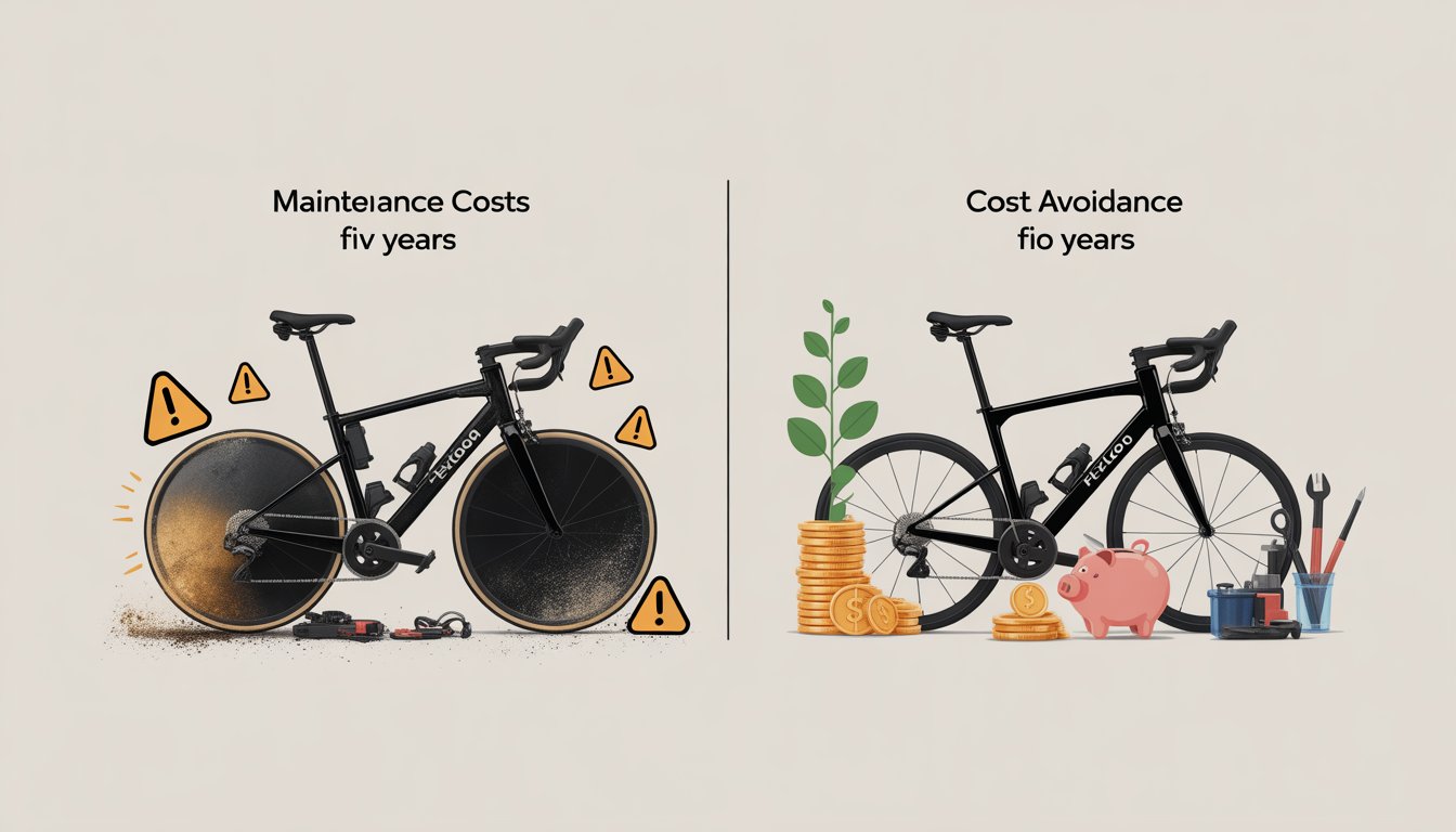 Side-by-side scene showing a worn Peloton bike with signs of damage and repair costs on the left, and a clean, well-maintained Peloton bike with symbols of savings on the right.