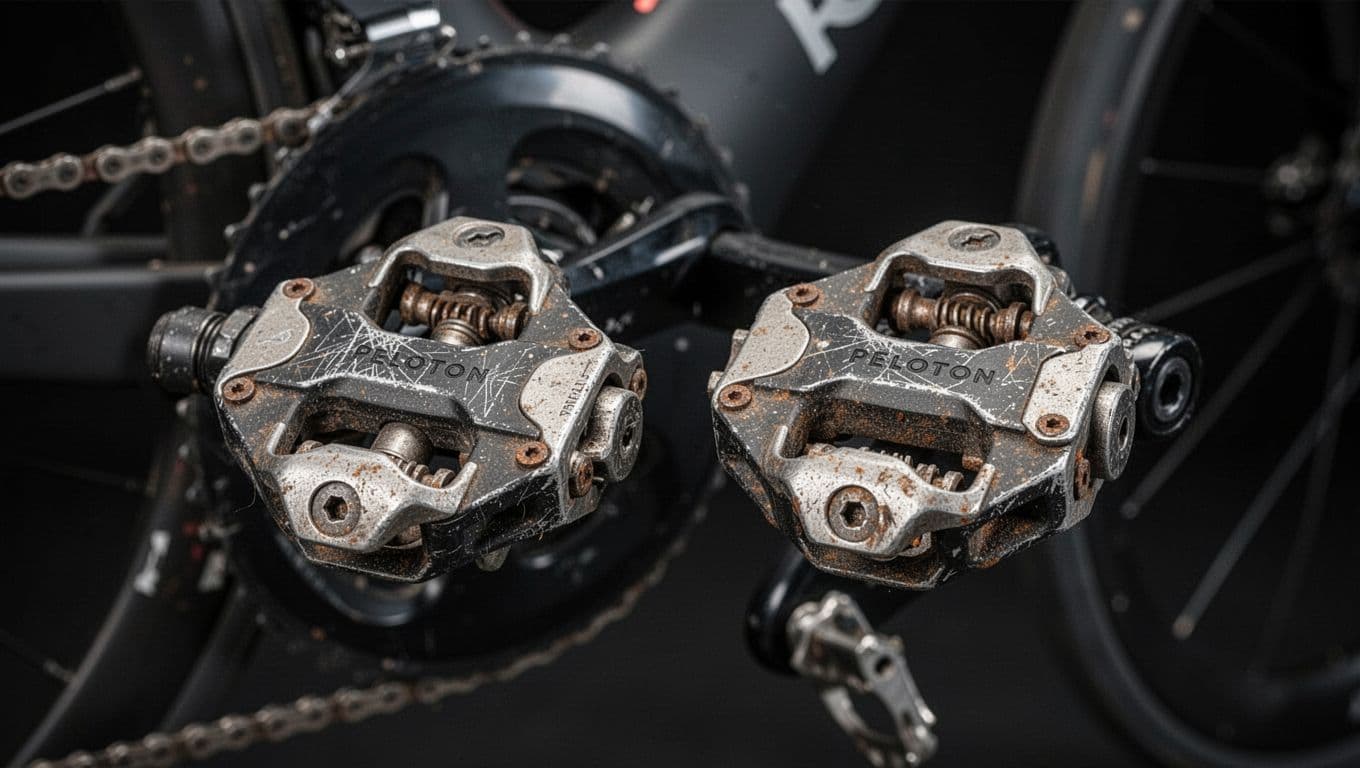 Close-up view of worn Peloton SPD pedals and cleats on a bike, showing side-to-side play, scratches, worn cleat teeth, and slight rust from heavy use.