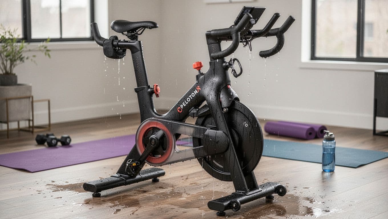 A Peloton Bike+ glistens with sweat droplets on its black frame, handlebars, seat post, and knobs in a modern home gym after a 60-minute ride, with damp floor spots, yoga mat, and water bottle in soft window light.
