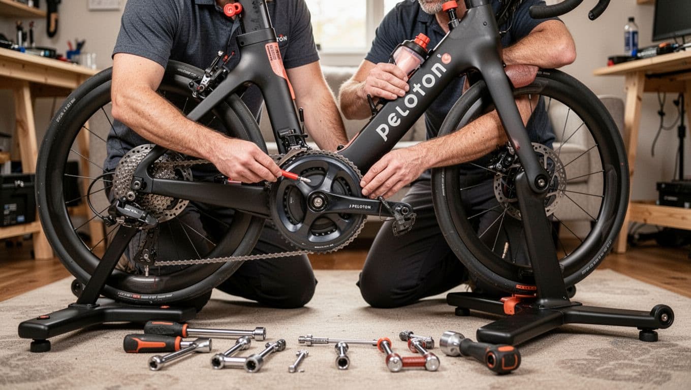 A professional technician kneeling beside a Peloton Bike in a home setting, closely inspecting the bottom bracket and crank arms with tools nearby and hands resting on the frame.