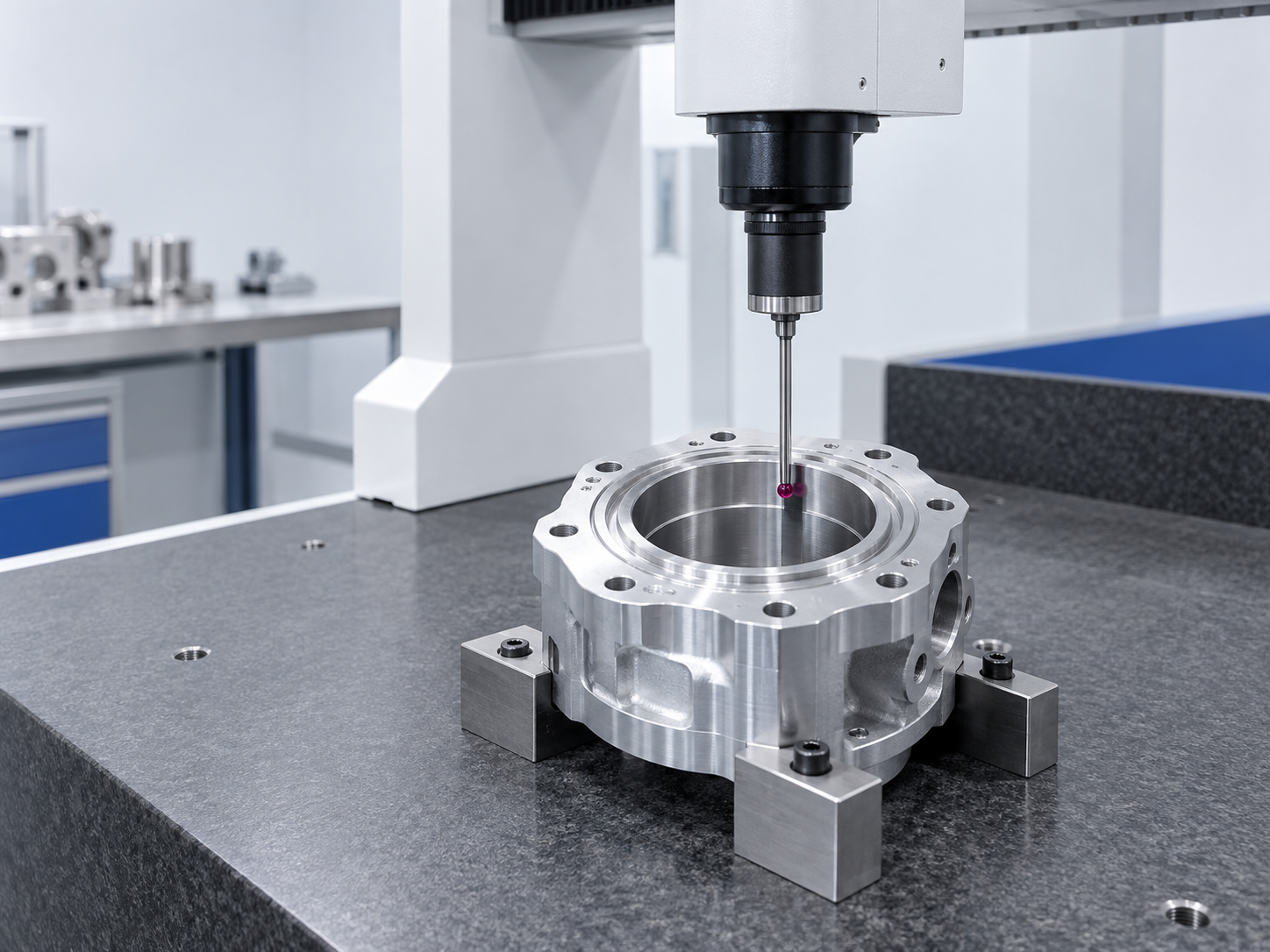 Illustrative CMM probe and actuator housing on an inspection table