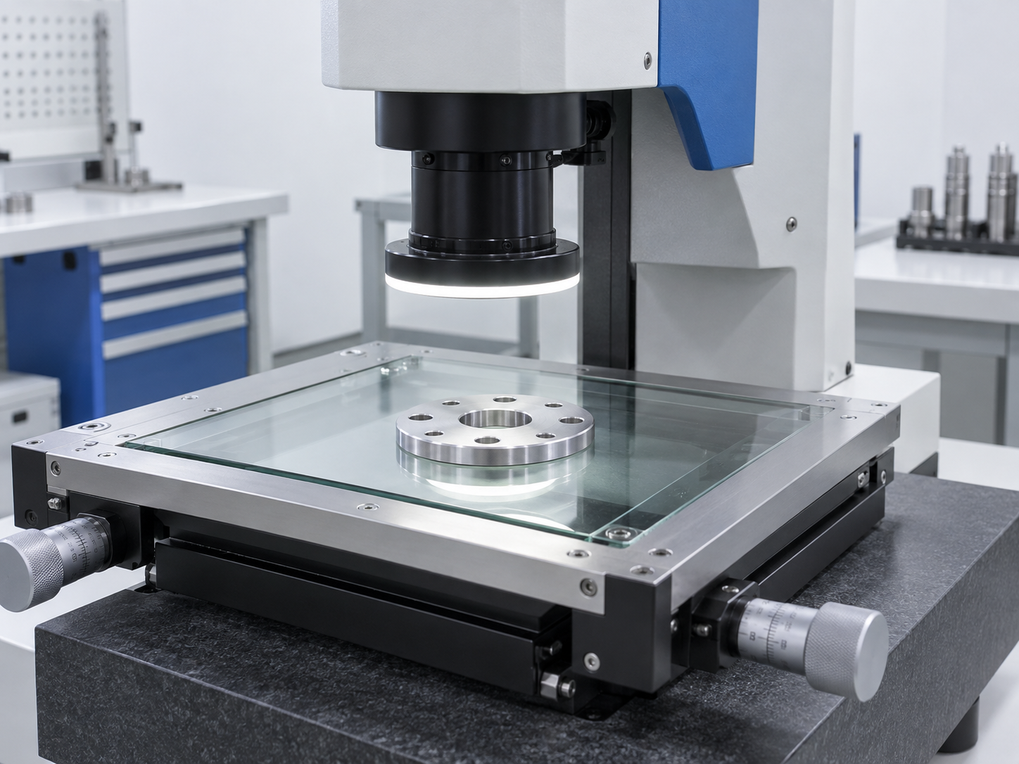 Illustrative optical measuring system above a machined circular plate