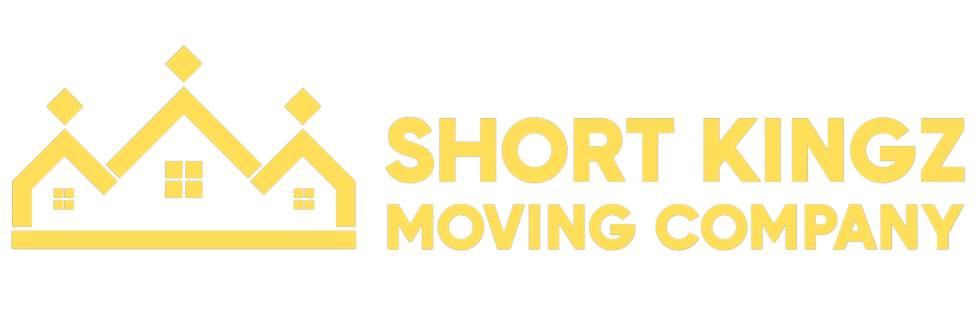 Logo of a yellow crown shaped like houses with windows, beside the text 'SHORT KINGZ MOVING COMPANY' in yellow on black background.