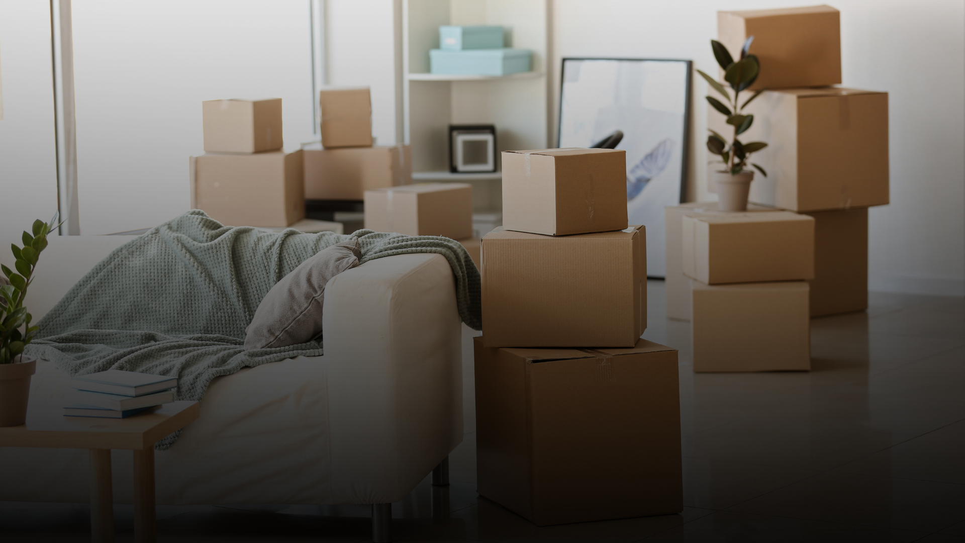Living room with a white couch covered in a green blanket, surrounded by stacked moving boxes and a small table with books and a potted plant.