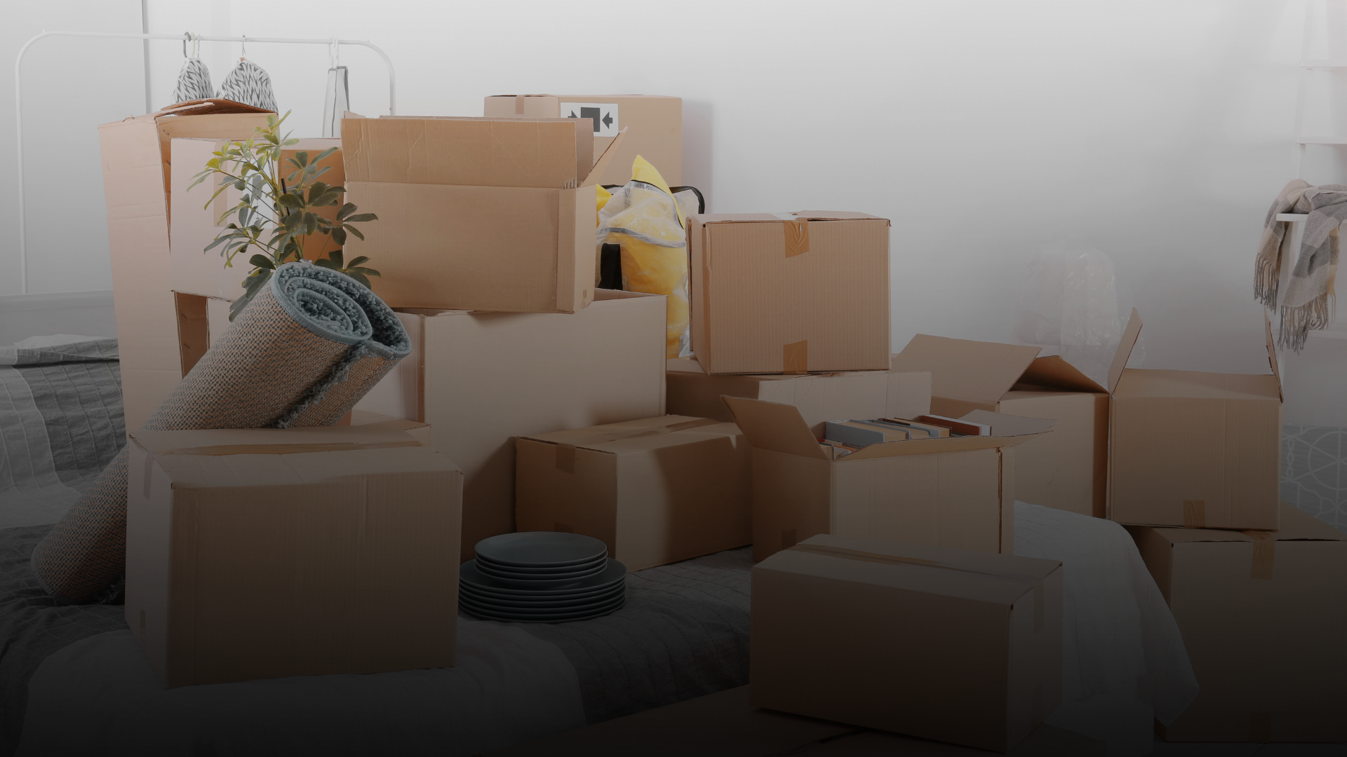 Room filled with multiple cardboard moving boxes, a rolled-up rug, stacked plates, and household items packed and ready to move.
