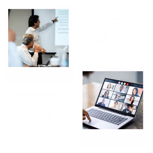 Zwei Szenen: Oben zeigt ein Mann in einem Meetingraum auf eine Präsentation, unten sieht man eine Videokonferenz mit neun Teilnehmern auf einem Laptopbildschirm.