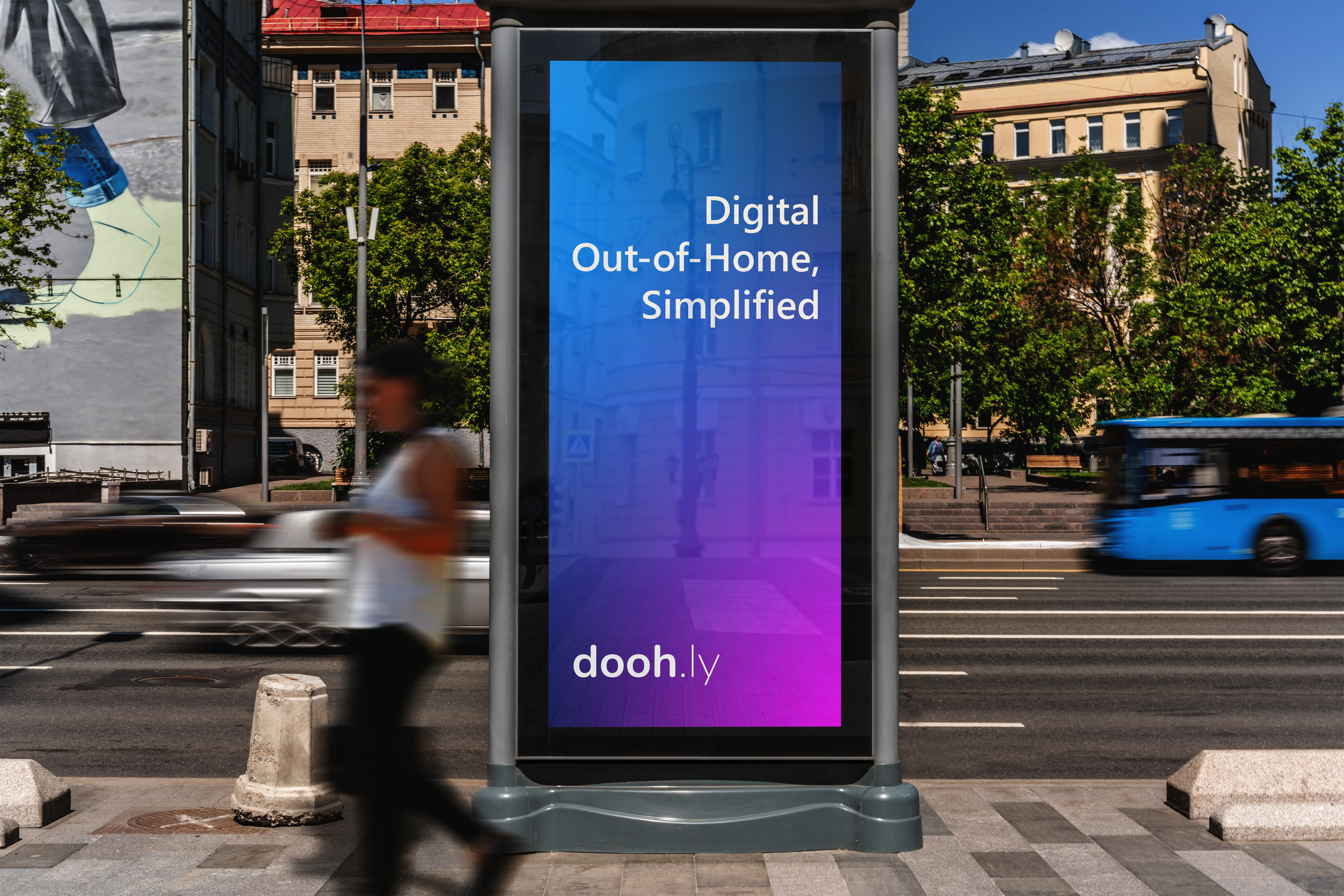 Doohly digital signage with people walking past