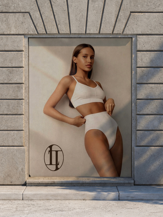 Poster of a woman in beige high-waisted underwear and bralette displayed in a stone wall niche with a monogram logo posing for TANNED TO - an automated spray tan studio in Toronto.