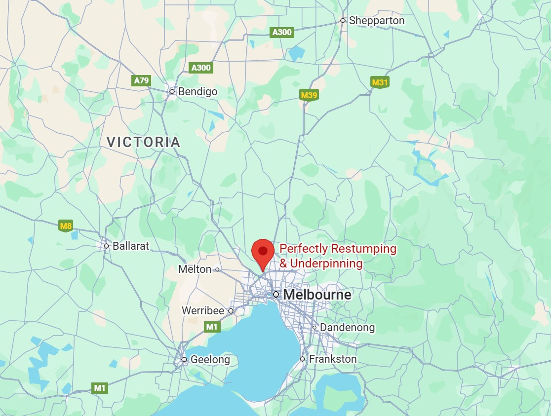 Map highlighting Melbourne, Victoria, Australia with a red location pin labeled 'Perfectly Restumping & Underpinning,' showing surrounding cities and roads.