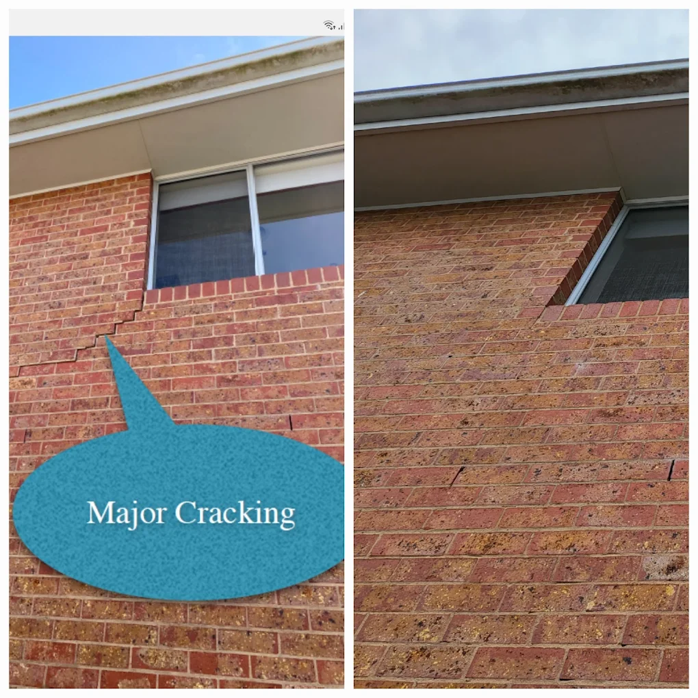 Side-by-side photos of a brick wall under a window showing major cracking in the bricks on the left and no visible cracks after repair on the right.