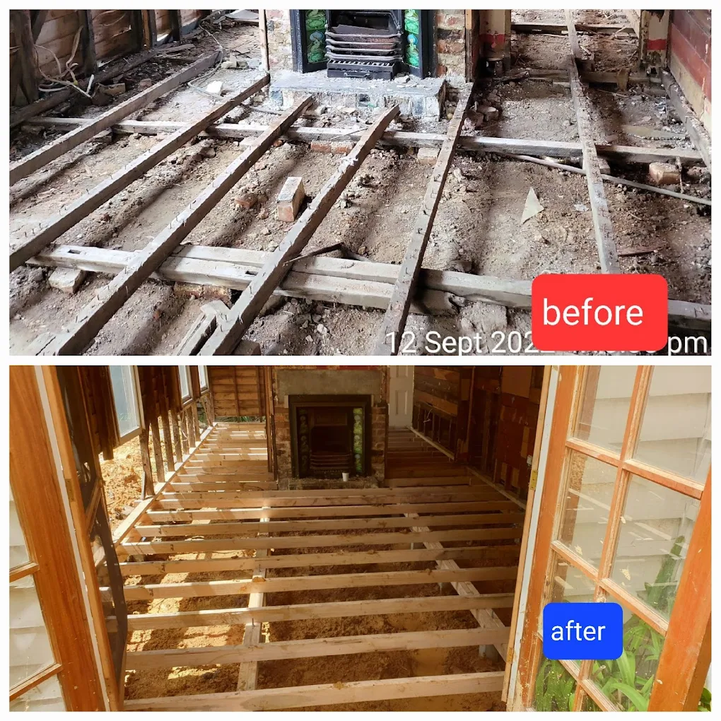 Before and after images of a fireplace room floor renovation showing old, damaged floorboards and debris replaced by clean, new wooden joists.