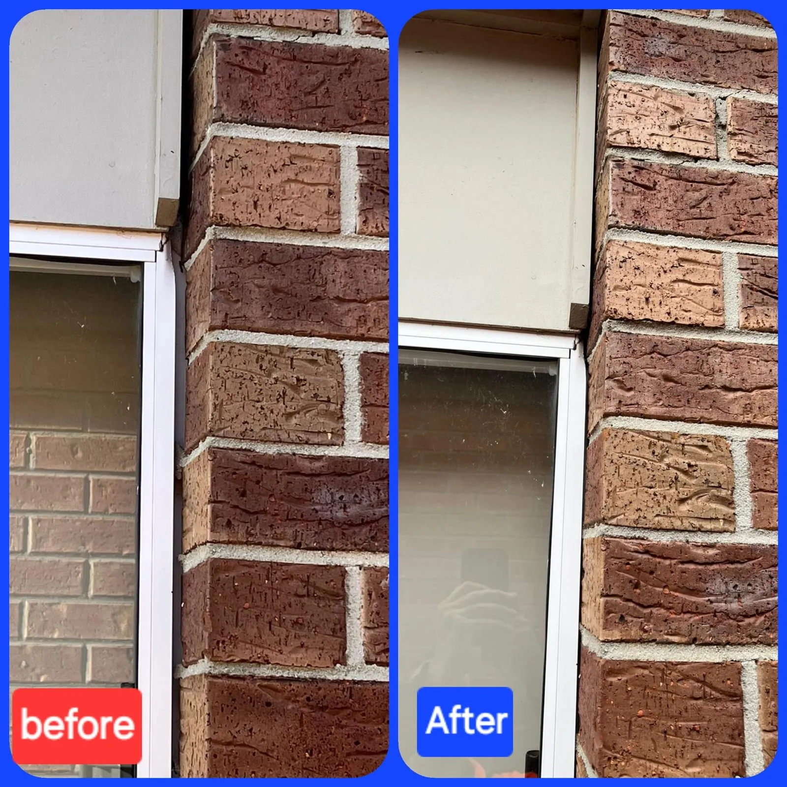 Side-by-side comparison of a brick wall corner near a window showing the area before and after repair or cleaning.