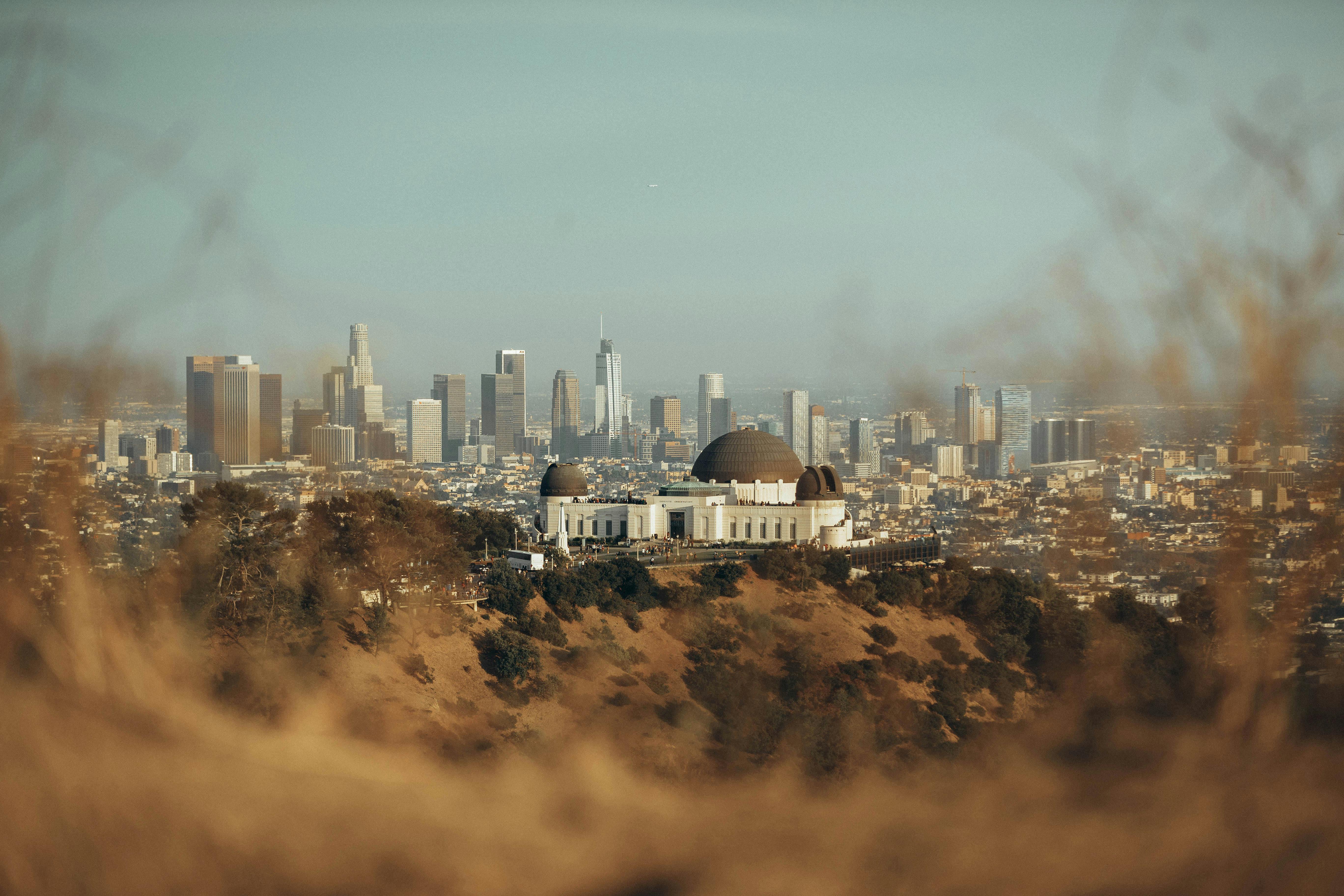 View of Griffith Observatory on a hill with Los Angeles skyline in the background framed by blurred dry grass.