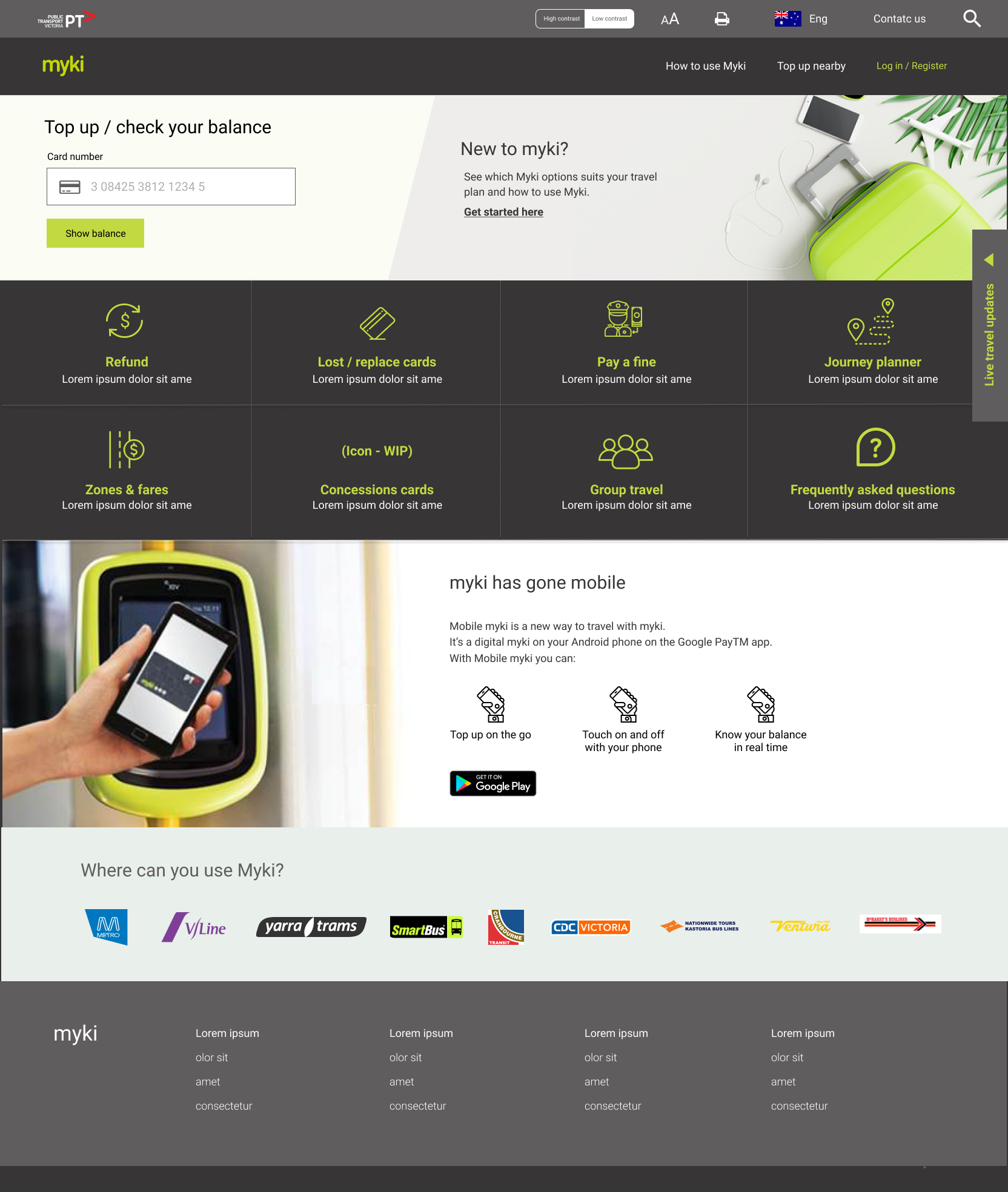Redesigned Myki homepage that is easy to use