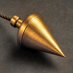 Brass plumb bob hanging by a cord on a dark textured surface.