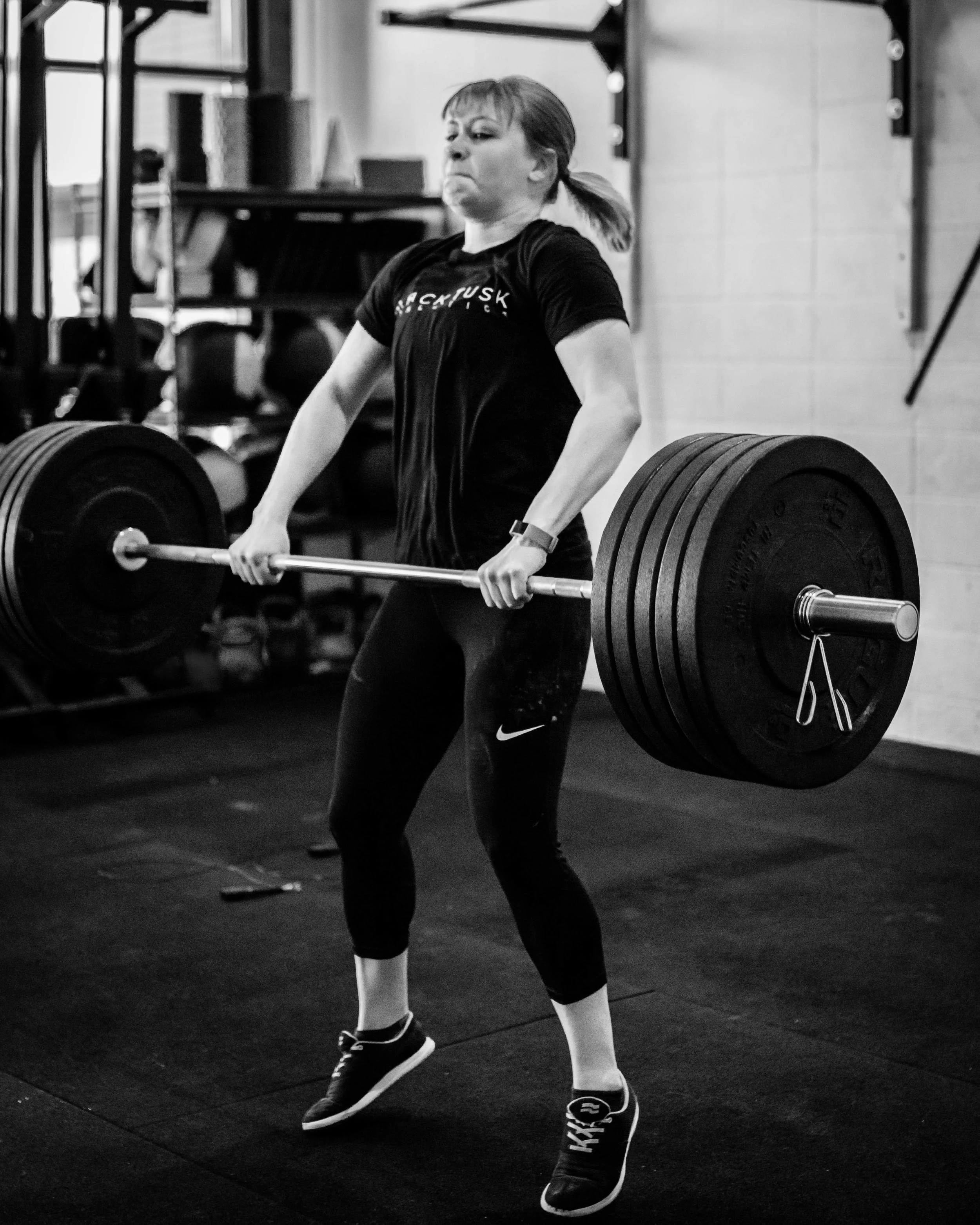 One of our athletes, Lauren. She currently wears multiple hats, including new graduate, server and volunteer. Lauren recently ran her longest distance ever of 14.7km, PR’d her clean at 135# and achieved her goal of unassisted pull ups!