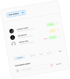 User interface showing a live orders list with three users and their statuses, plus a section for canceled orders.