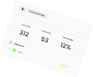Dashboard card labeled Product Manager showing live stock 312, to be sent 53, and percentage 12%, with a green status dot labeled boot under shipments.