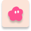 Pink flower-shaped icon with three white dots on a rounded beige square background.