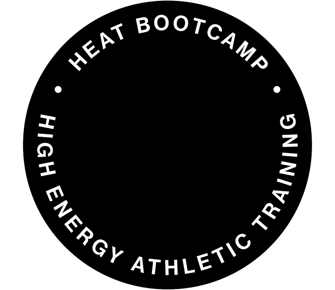 Circular badge with white text on black background reading 'Heat Bootcamp' at the top and 'High Energy Athletic Training' at the bottom.