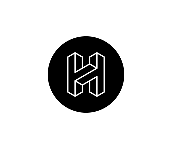 White geometric isometric letter H on black background.