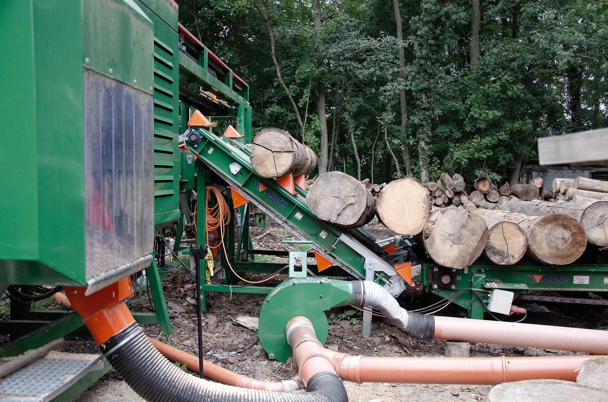 Kaminholzproduktion Grüne Holzbearbeitungsmaschine mit Förderband, das Baumstämme für die Verarbeitung transportiert.