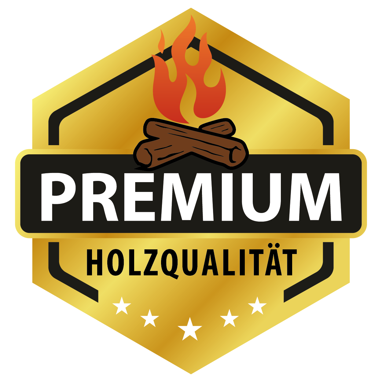 Goldenes Siegel mit brennendem Holz und Text 'Premium Holzqualität'.