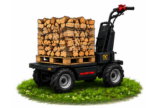Kaminholzfabrik-Dumper Robuste motorisierte Plattform mit Stapel geschnittener Holzscheite auf Gras mit Blumen.