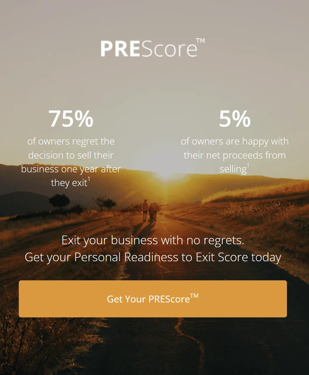 Sunset over a rural path with two people walking, overlay text showing business exit statistics and a call-to-action button for PRESscore.