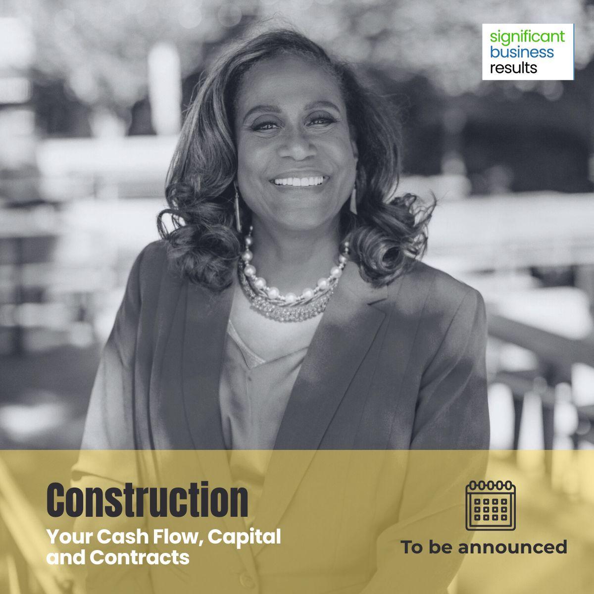 Smiling woman in blazer and necklace with text about construction cash flow and contracts event.