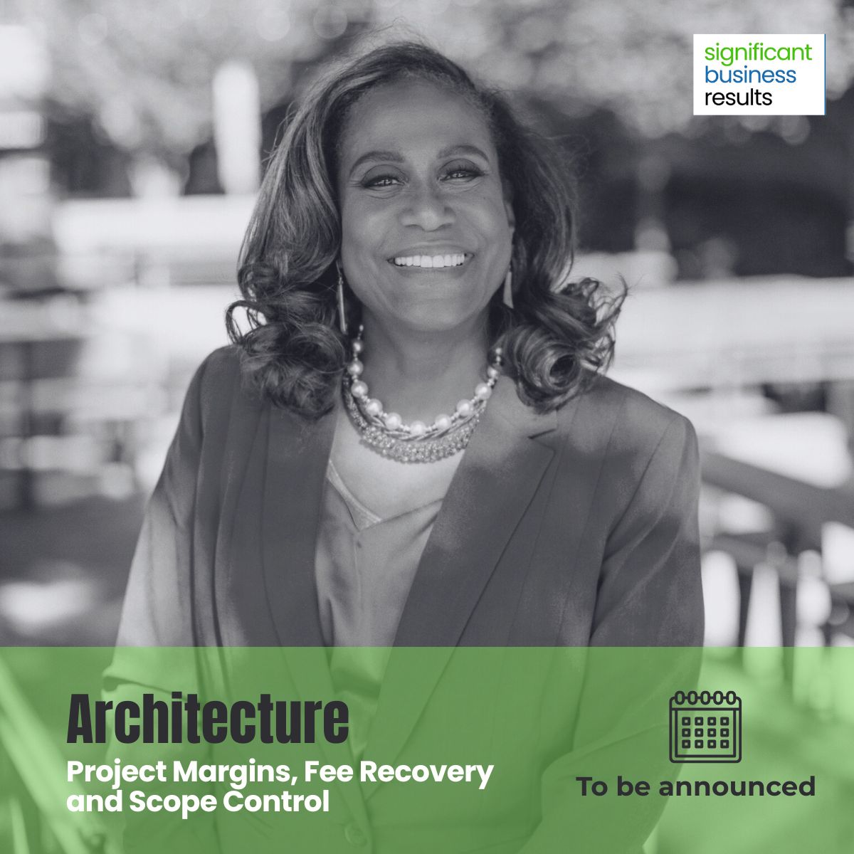 Smiling woman in blazer and pearl necklace with text about architecture project margins and fee recovery.